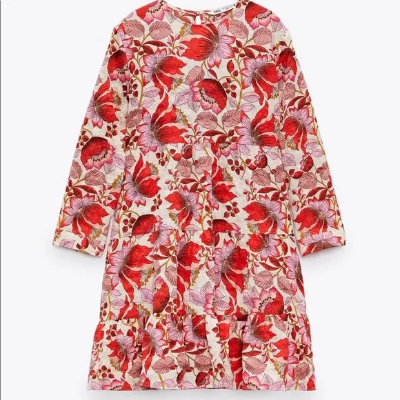 New Zara Mini Floral Dress S Red Pink - Picture 8 of 15